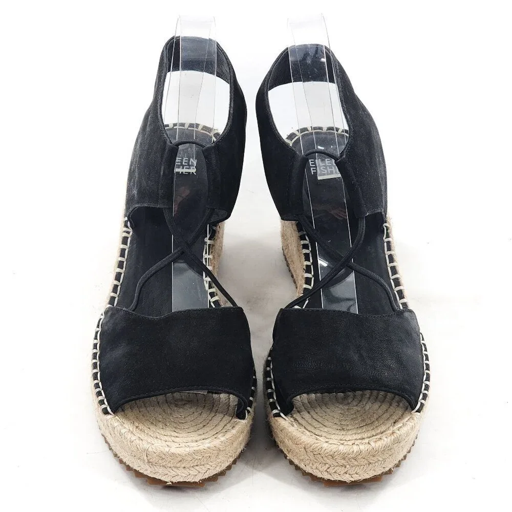 EILEEN‎ FISHER NWOB Whim Nubuck Leather Espadrille Wedge Sandal Black